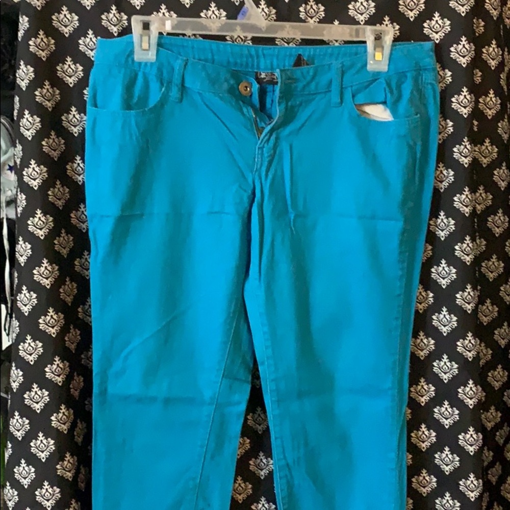 Straight leg sky blue jeans.